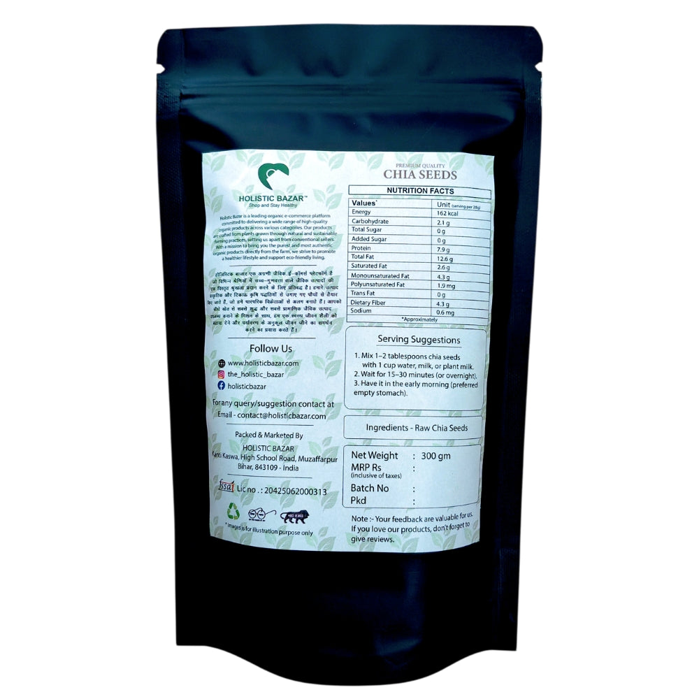 Holistic Bazar Chemical Free Chia Seeds 300g | Omega-3 clean chia Seeds for Eating | Rich in Calcium, Protein & Fiber, Omega 3 and Antioxidant | Healthy Snacks