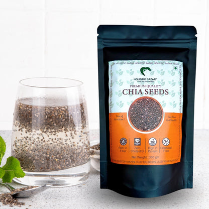 Holistic Bazar Chemical Free Chia Seeds 300g | Omega-3 clean chia Seeds for Eating | Rich in Calcium, Protein & Fiber, Omega 3 and Antioxidant | Healthy Snacks