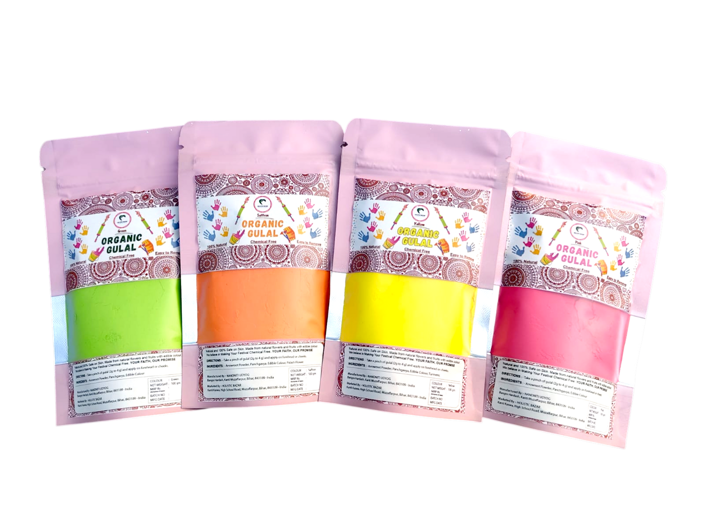 Organic Gulal | Herbal Gulal (100% Organic) | Skin Safe & Non Toxic - Pack of 4 (200 gm each)