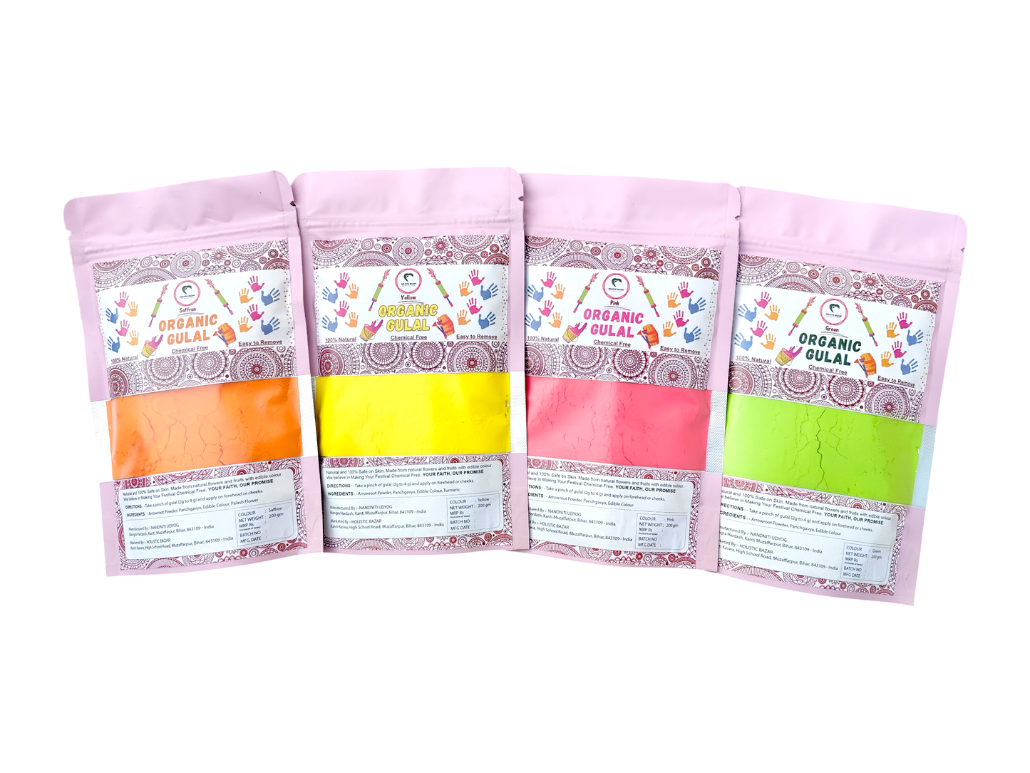 Organic Gulal | Herbal Gulal (100% Organic) | Skin Safe & Non Toxic - Pack of 4 (200 gm each)
